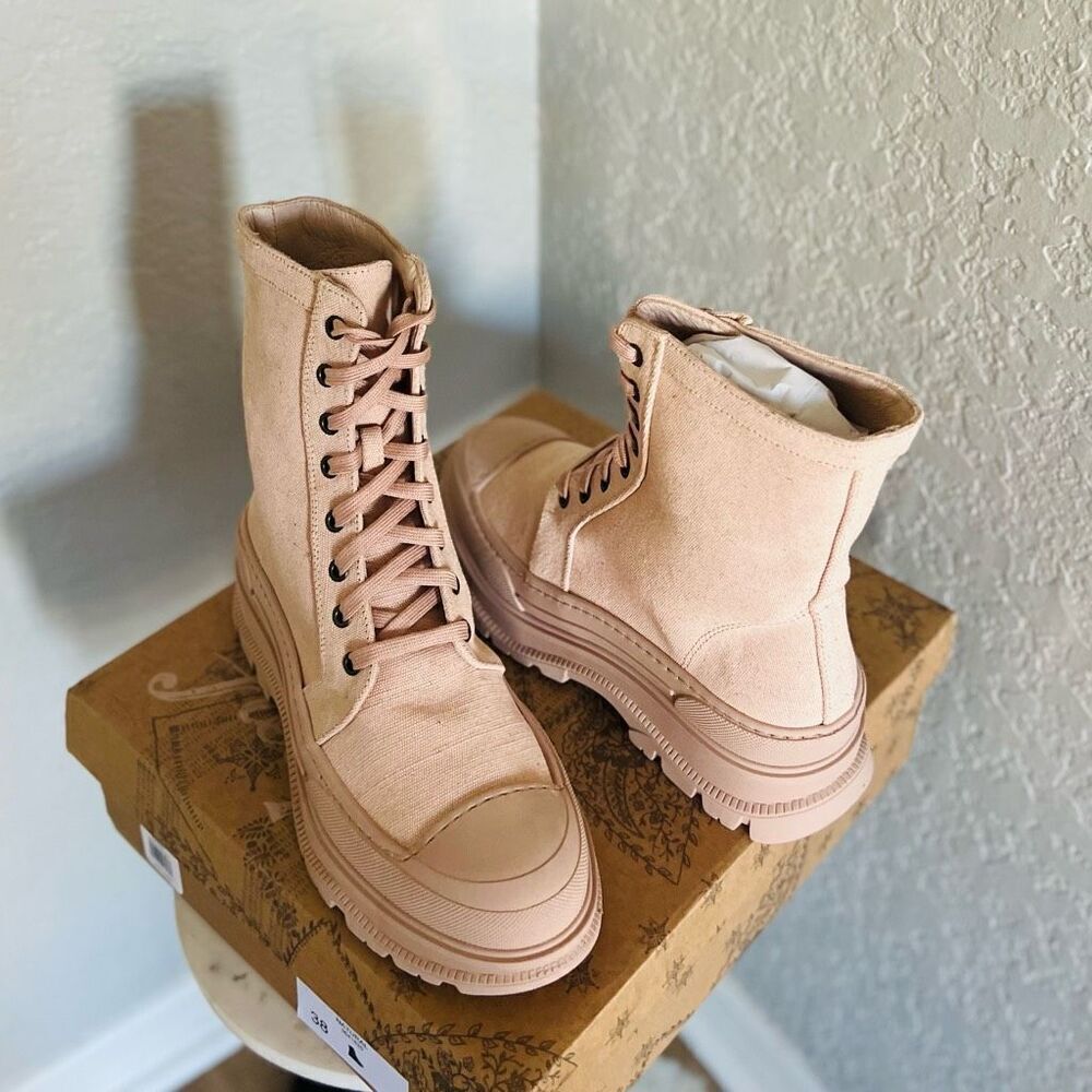 FREE PEOPLE Camp Out Canvas‎ Combat Boot, Natural, Tan/Pink, Size 8, NWT - Picture 11 of 16